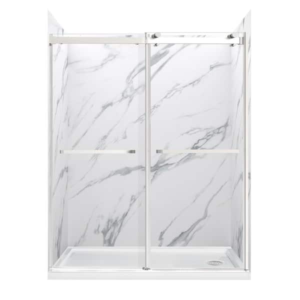 CRAFT + MAIN Lagoon 60 in. x 76 in. Right Drain Alcove Shower Kit in Carrara White and Brushed Nickel Hardware