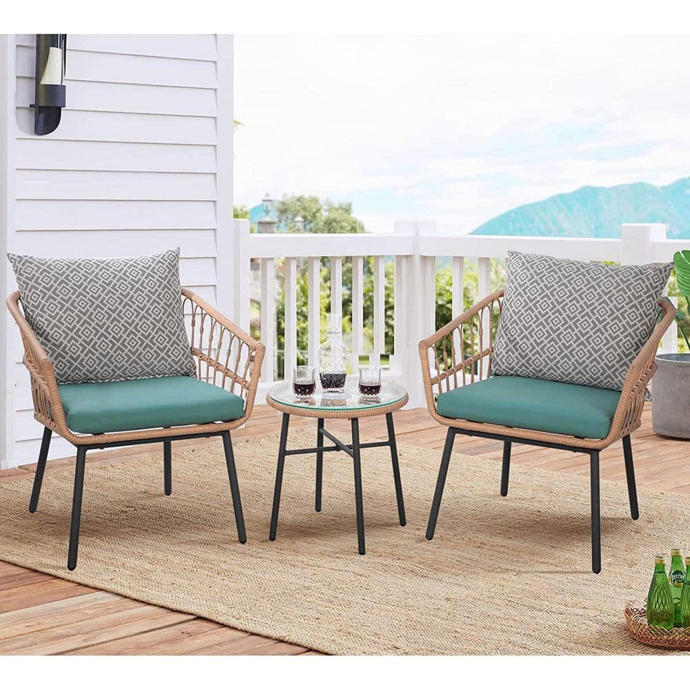 Beige 3-Piece Steel Frame Wicker Glass Top Round Coffee Table Outdoor Bistro Set with Turquoise Cushions for Garden price history on PriceWatchPro