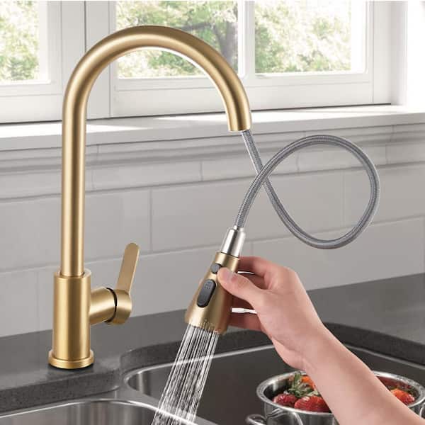 Pause Mode Gooseneck Single Handle Pull Down Sprayer Kitchen Faucet with Deckplate Pull Out Sink Faucet in Brushed Gold
