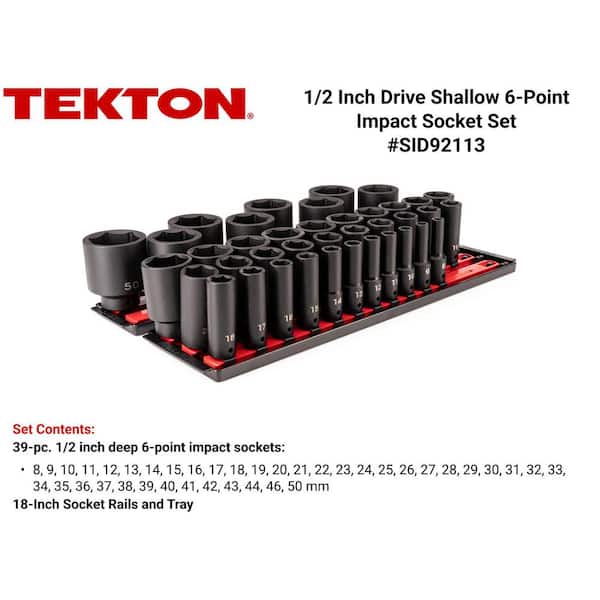 1/2 Inch Drive Deep 6-Point Impact Socket Set with Rails and Tray, 39-Piece (8-50 mm)
