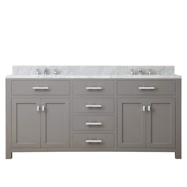 Water Creation Madison 72 in. W x 21.5 in. D Bath Vanity in Gray with Marble Bath Vanity Top in White with White Basin and Faucets