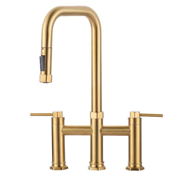 IVIGA 3-Hole 8 in. Double Handle Brass Bridge Kitchen Faucet with 2-Mode Pull Down Sprayer and Supply Lines in Gold