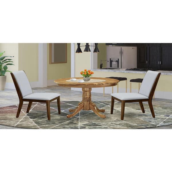 East West Furniture 3-Piece Natural Oil Finish Solid Wood Top - Round Upholstered Dining Room Set - Seats 4