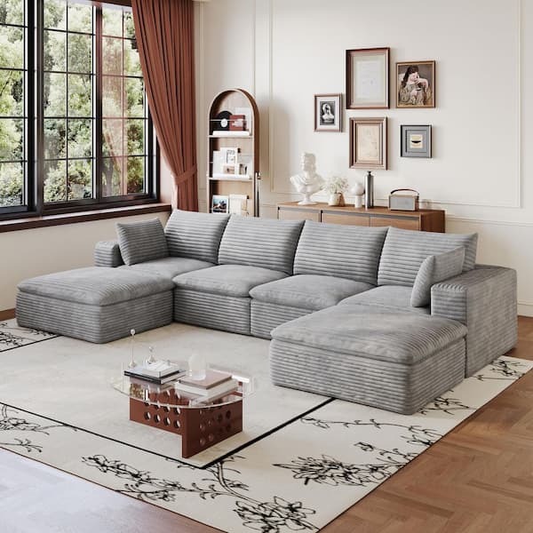 Billie 133.9 in. Square Arms 6-Piece Corduroy Modular Compressed Sectional Sofa in Grey with 2 Ottomans
