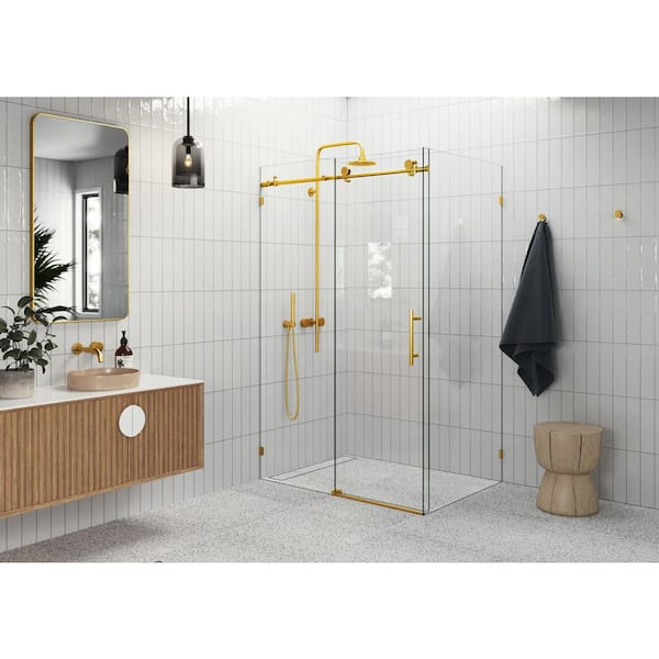48 in. W x 78 in. H Rectangular Sliding Frameless Corner Shower Enclosure in Brass with Clear Glass