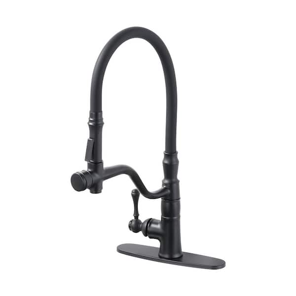 VEVETTA Modern High-Arc Single Handle Pull Down Sprayer Kitchen Faucet with Pre-installed Hose and Deckplate in Matte Black