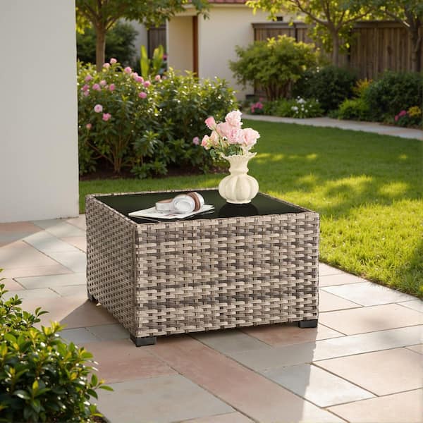 MIMIGRS 29.53 in. Outdoor PE Wicker Coffee Table Square Tempered Glass Table with Umbrella Hole