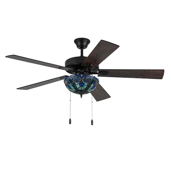 Halston 52 in. 3-Light Oil Rubbed Bronze Tiffany Stained Glass Ceiling Fan with Light Kit