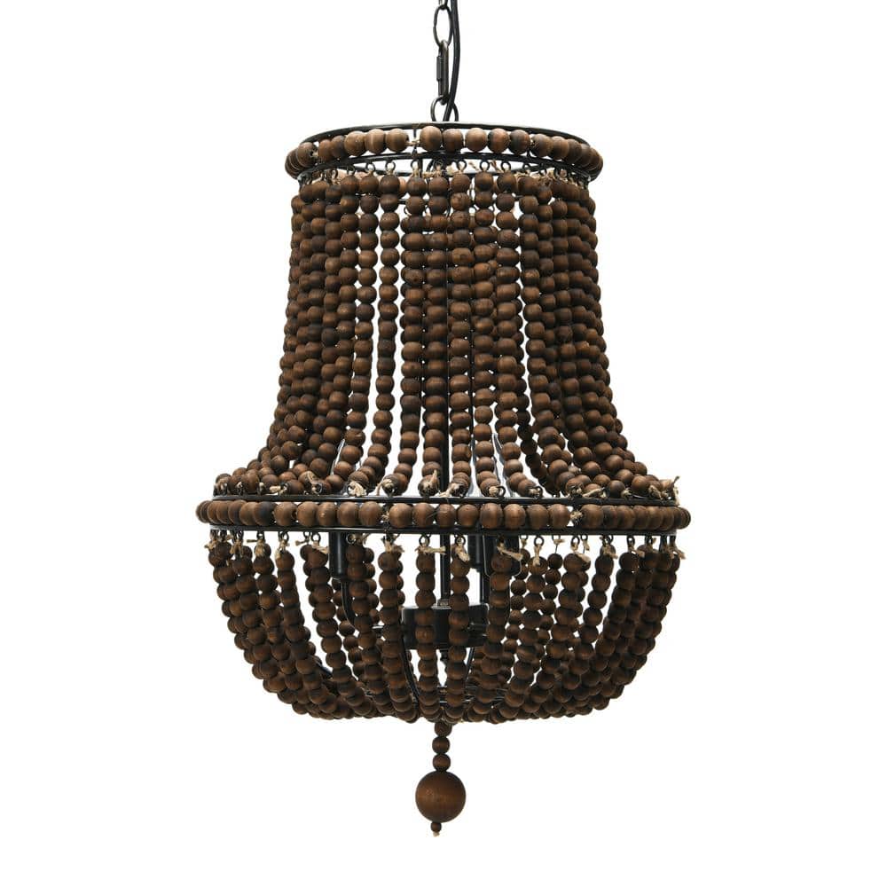 Espresso-Washed Wood Bead Chandelier with Brushed Metal Base