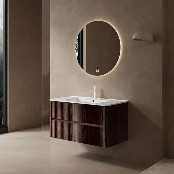 36in. Floating Single Sink Walnut Bath Vanity with White Ceramic Top