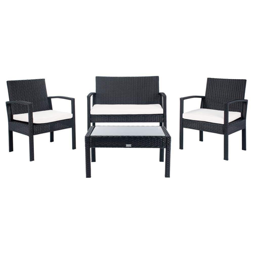 Bassey Black Wicker 4-Piece Patio Set with Beige Cushions