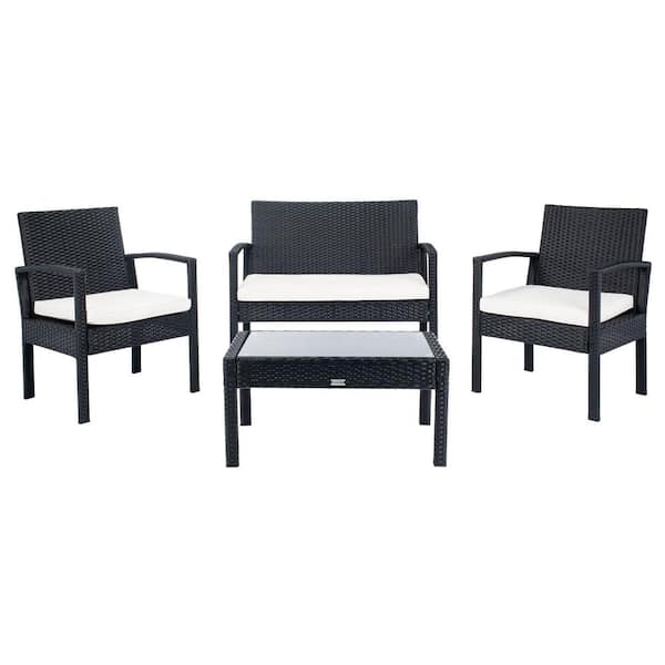 SAFAVIEH Bassey Black 4-Piece Wicker Patio Conversation Set with Beige Cushions