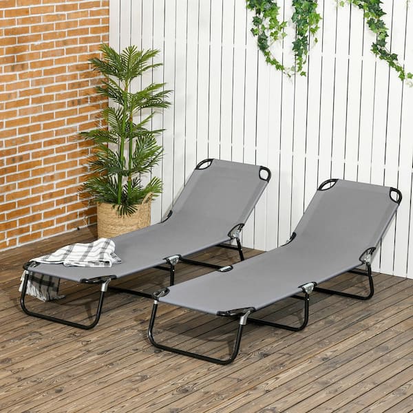 Otryad 2-Piece Metal Outdoor Chaise Lounge Folding Sun Tanning Chair with 4-Position Reclining Back and Armrests, Dark Gray