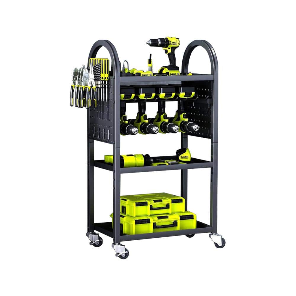 Iron Power Tool Cart with Charging Station, Power Tool Organizer with 360°