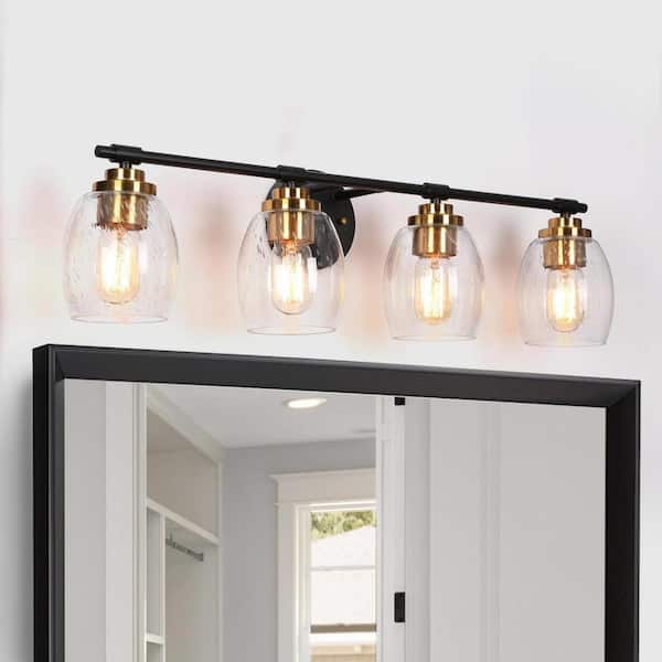 Uolfin 28.7 in. 4-Light Black and Electroplated Copper Vanity Light with Seeded Glass Shades
