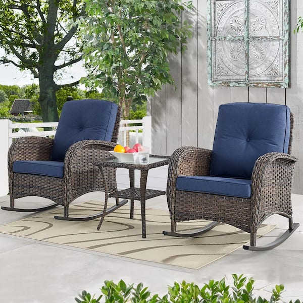 Opohoro PlainCurve 3-Piece Brown Wicker Outdoor Rocking Chairs Patio Conversation Set with Olefin Blue Cushions