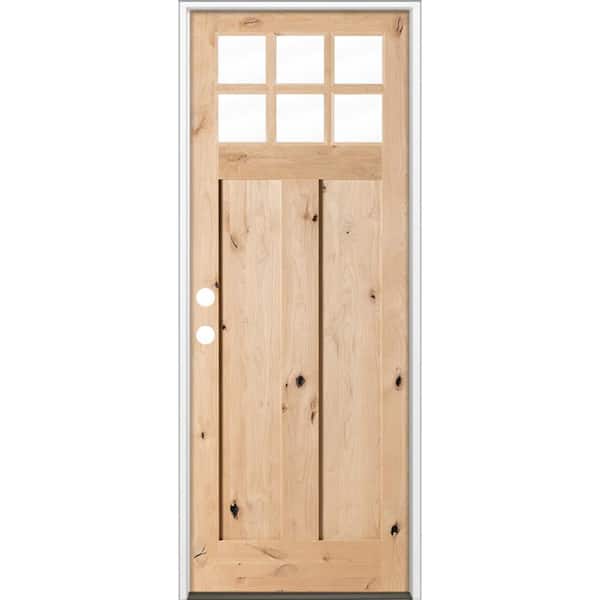 42 in. x 96 in. Craftsman Knotty Alder Right-Hand/Inswing 6 Lite Beveled Clear Glass Unfinished Wood Prehung Front Door