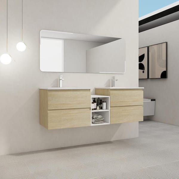 Bohemia 60 in. W x 18.3 in. D x 20.5 in. H Floating in Light Oak Bath Vanity with White Ceramic Top Vanity