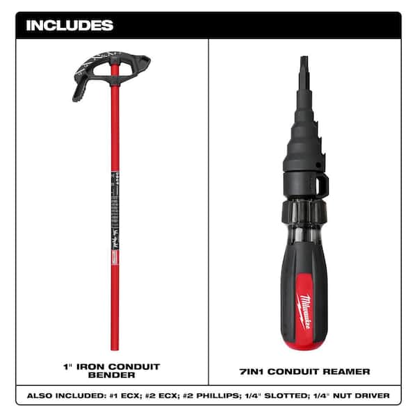 1 in. Iron Conduit Bender and Handle with 7-in-1 Conduit Reaming Multi-Bit Screwdriver