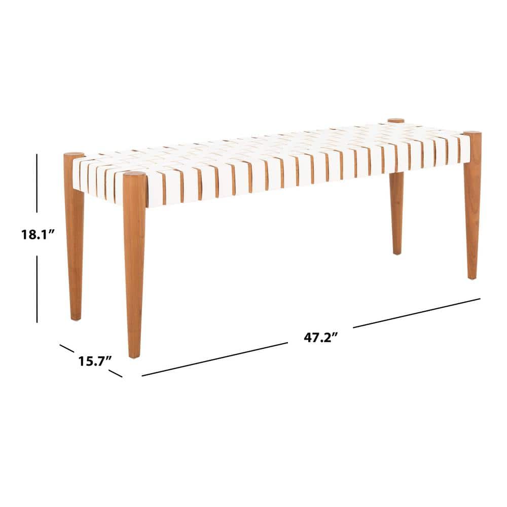 Amalia 47'' Transitional White Leather & Oak Weave Bench