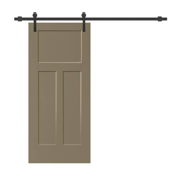 CALHOME 30 in. x 80 in. 3-Panel Olive Green Stained Composite MDF Interior Sliding Barn Door with Hardware Kit