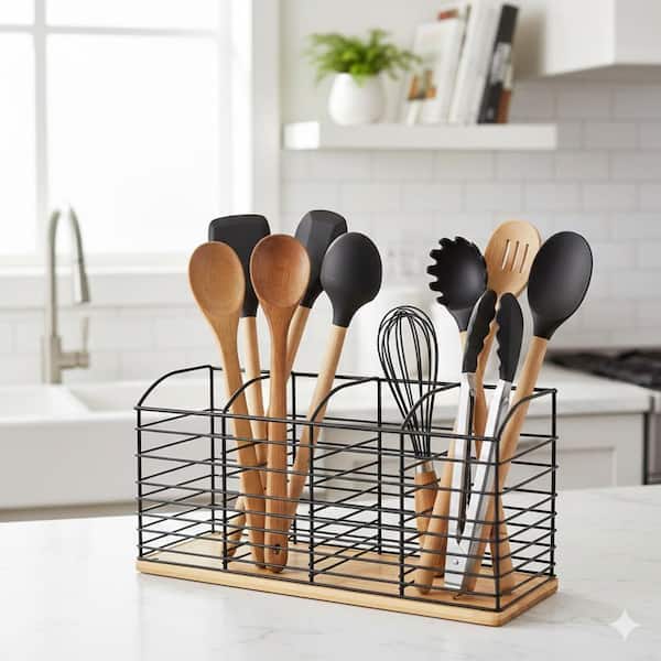 Black Metal Bamboo Utensil Holder Kitchen Counter Organizer with 4 Compartments Non-Slip Mat Large Capacity