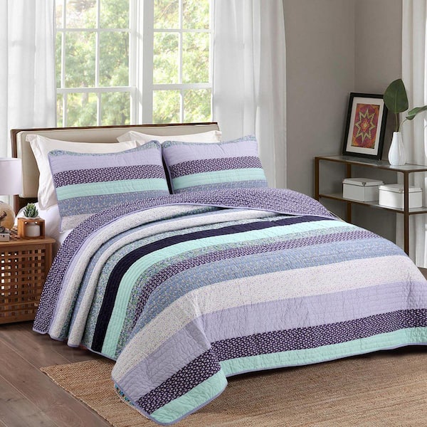 Cozy Line Home Fashions Amethyst Floral Lilac Lavender Periwinkle Stripe 3-Piece Purple Aqua Blue Cotton Queen Quilt Bedding Set