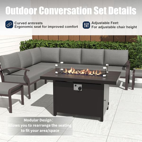 10-Seat Aluminum Patio Conversation Set with Fire Pit Table,Swivel Rocking Chairs,Coffee Table,Ottoman and Cushion Grey