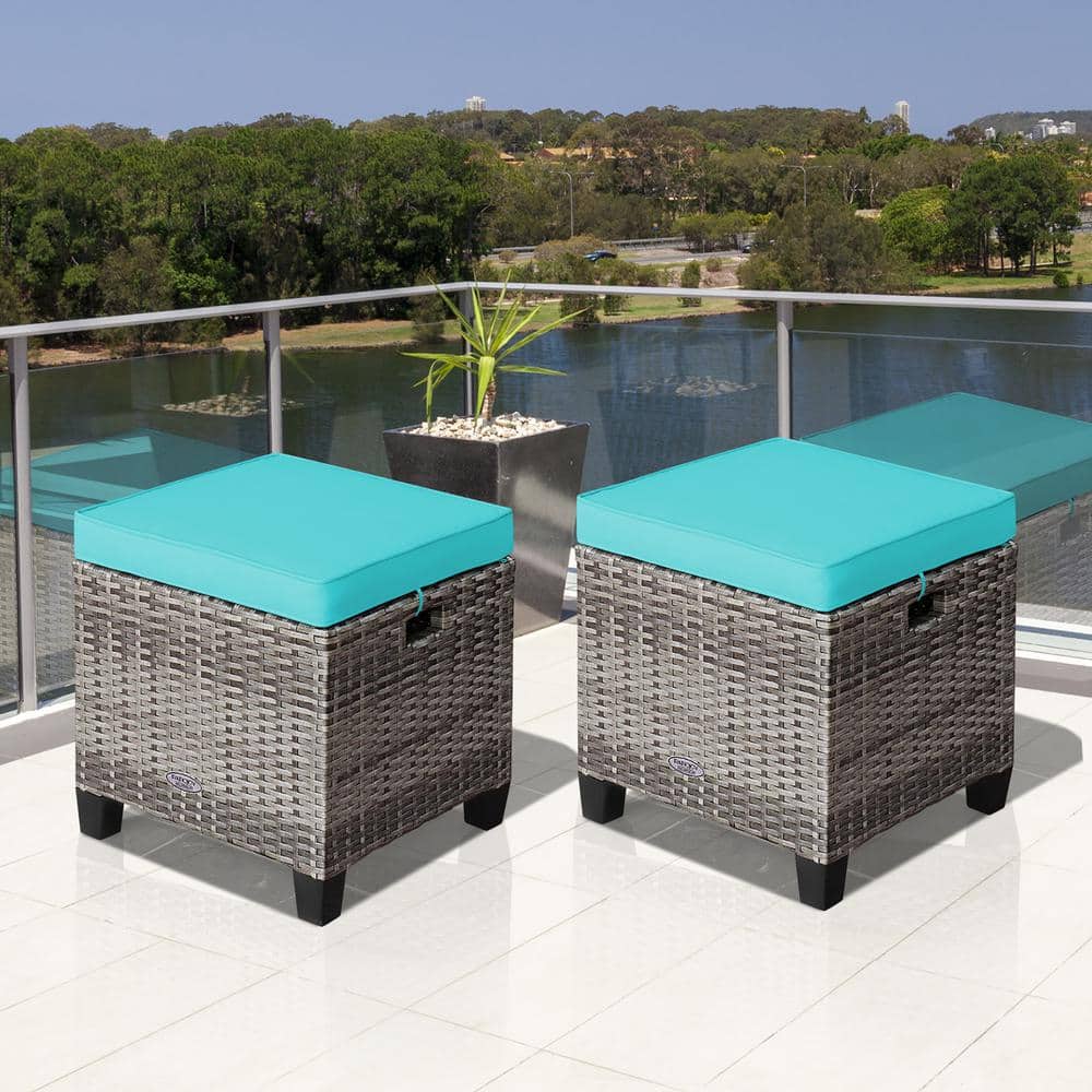 Turquoise Cushioned Rattan Outdoor Ottoman Stool Set