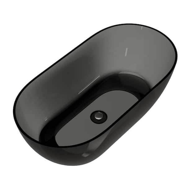 59 in. x 29.5 in. Resin Translucent Straight Top Oval Soaking Freestanding Bathtub with Center Drain in Black Grey