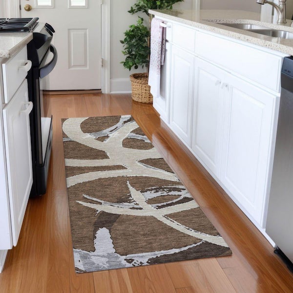 Mayfield Premium Machine Washable Abstract AMF1022 Brown 2 ft. 3 in. x 7 ft. 6 in. Runner Rug