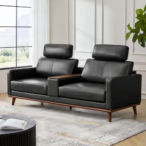 Estefan Charcoal 89 in. Wide Mid-century Modern Genuine Leather Sofa