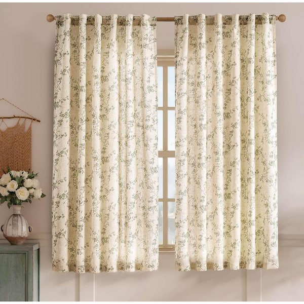 Green on Beige Polyester 50 in. W x 63 in. L Back Tab Room Darkening Curtain (Double Panel)