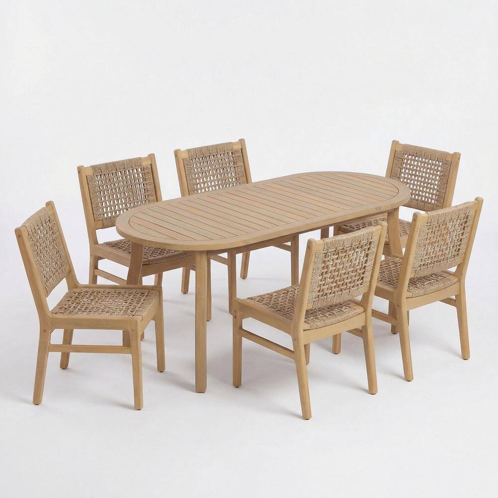 Kovie 7-Piece Oval Brown Solid Wood Top Outdoor Dining Table Set Seats 6