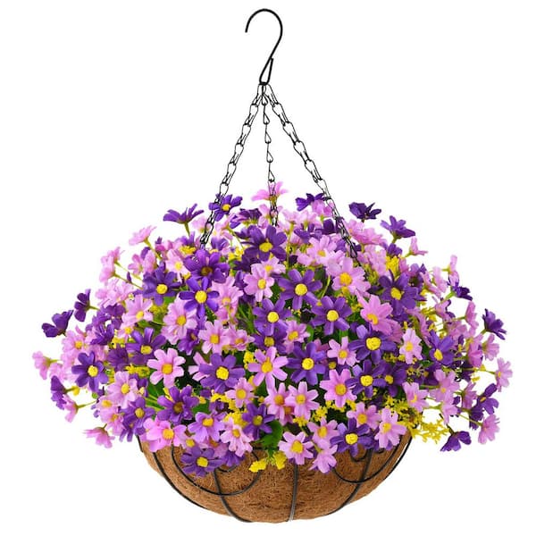 Unbranded 19 .7 in. Purple Artificial Hanging Daisy Flowers in Basket for Home Wedding Garden Decoration