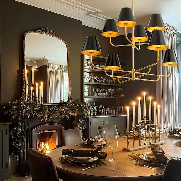 Olive 8-Light Mid-Century Modern Black 2-Tiered Oversize Chandelier Sputnik Branch Chandelier with Cone Metal Shade