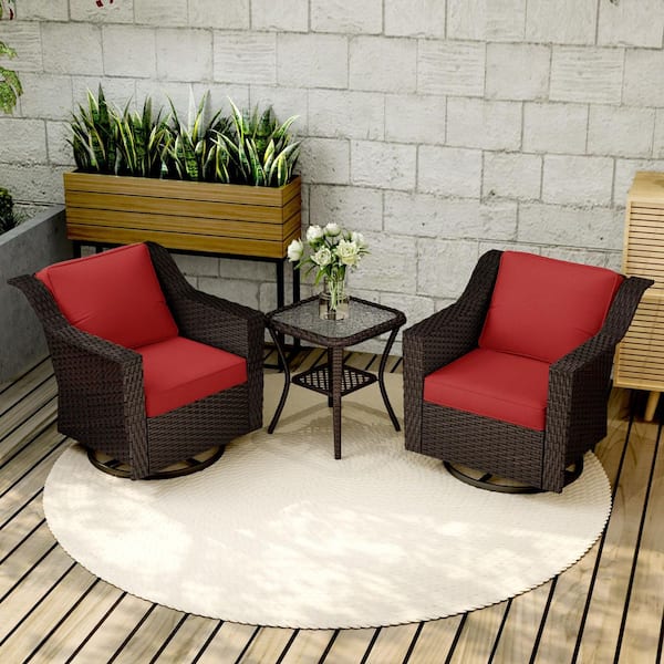 JOYSIDE 3-Piece Stylish Wicker Patio Swivel Chair Outdoor Rocking Chair Set with Thick Red Cushions and Table