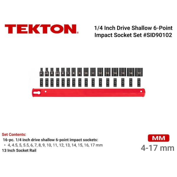 1/4 Inch Drive 6-Point Impact Socket Set with Rail, 16-Piece (4-17 mm)