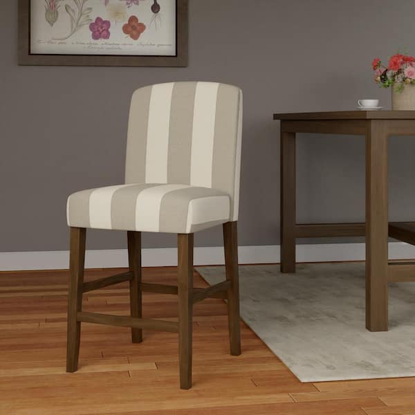 Curved Back 40 in. Taupe and Cream Awning Stripe High Back Wood 25 in. Bar Stool