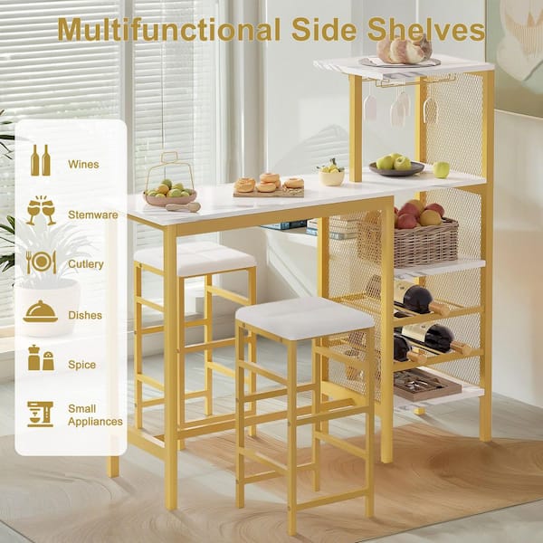 VECELO 3-Piece Bar Table and Chairs Set for 2 with Storage Shelves