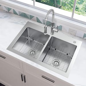 Tight Radius 33 in. Drop-In 50/50 Double Bowl 18 Gauge Stainless Steel Kitchen Sink with Spring Neck Faucet