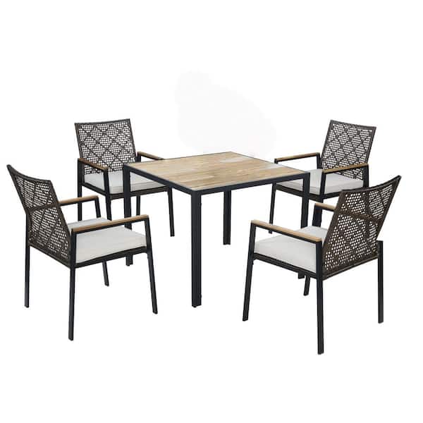 All-Weather 5-Piece Coffee Brown Wicker and Acacia Wood Rectangle Outdoor Dining Set with Umbrella Hole