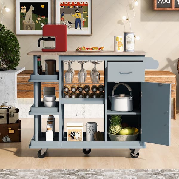 Unbranded Blue Wood 40 in. Kitchen Island with 5 Wheels Adjustable Storage Shelves for Dining Room Kitchen