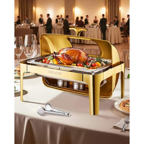 Roll Top Chafing Dish Buffet Complete Set, 9 qt. Stainless Steel Chafer with Full Size Pan, Rectangle Catering Warmer