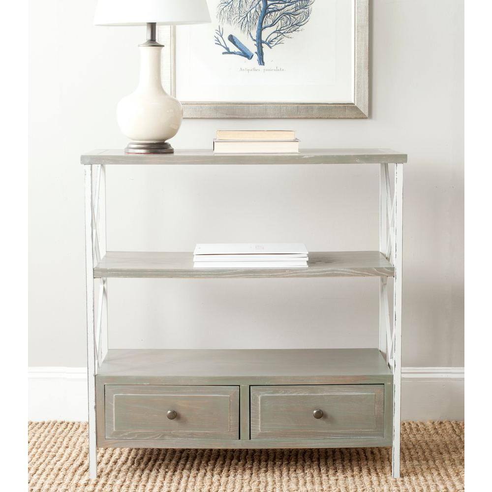 Transitional Ash Grey and White Smoke Metal-Wood Console with Dual Storage