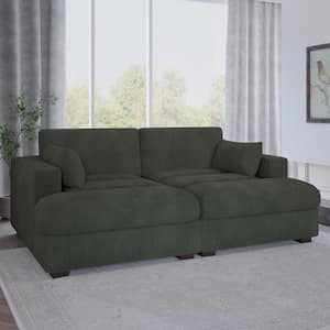 83.9 in. Modern Square Arm Corduroy Fabric Upholstered Sectional Sofa in. Green With Two Pillows And Wood Leg