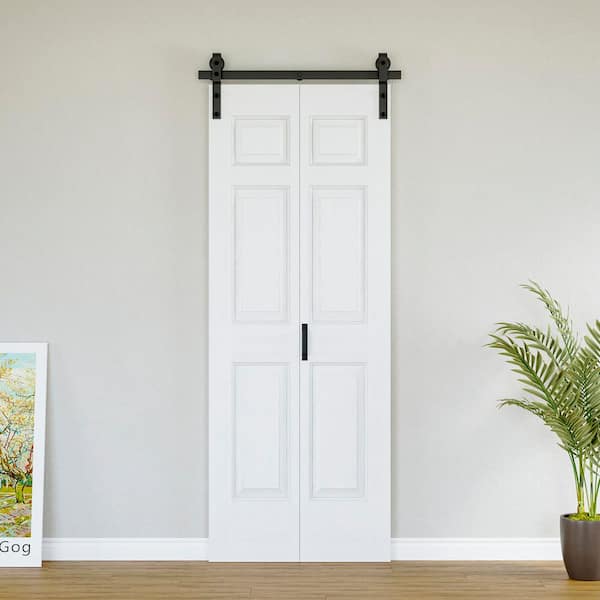 32 in. x 84 in. Paneled 6-Lite White Primed Hollow Core MDF Composite Bi-fold Door with Bifold Barn Door Hardware