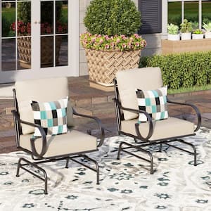 Black Metal Frame Outdoor Patio Motion Lounge Chairs With Beige Cushions (2-Pack)