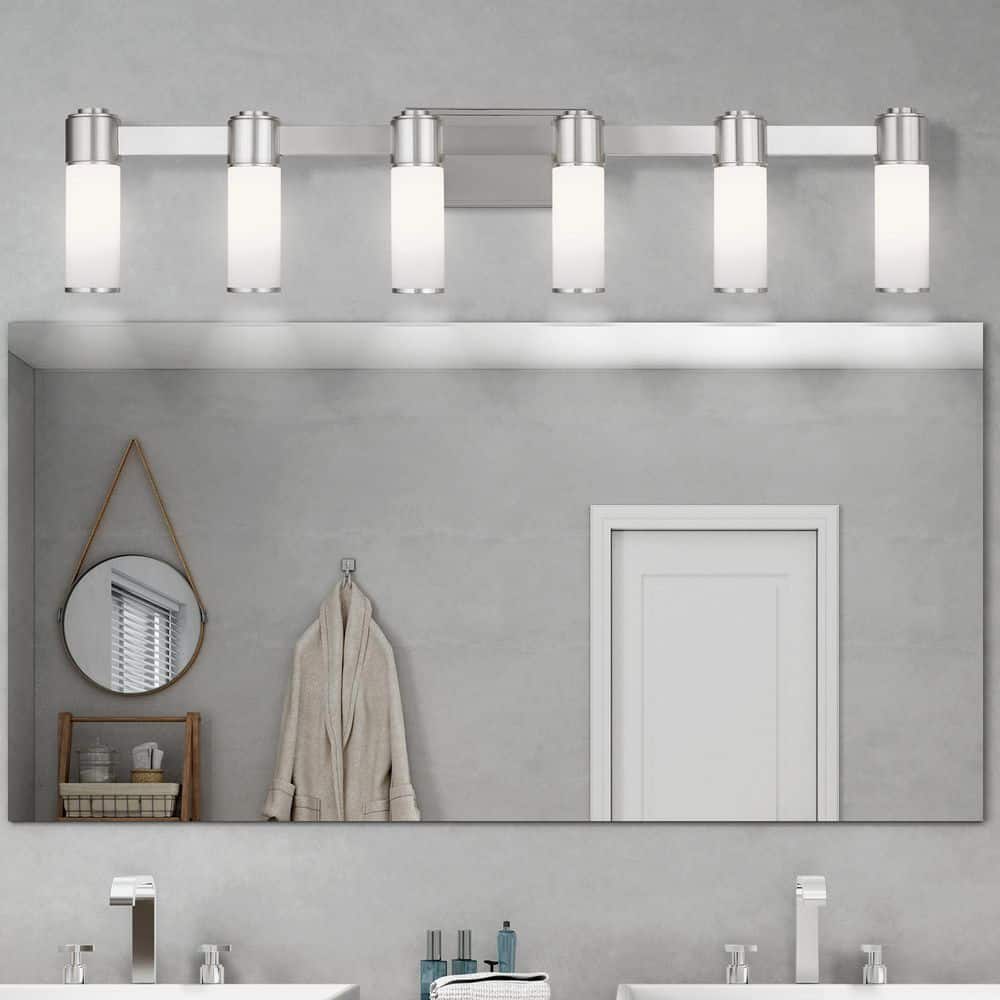 Timbercreek 46 in. Width 6-Light Brushed Nickel ADA Vanity Light with Satin Opal White Glass Shades price history on PriceWatchPro