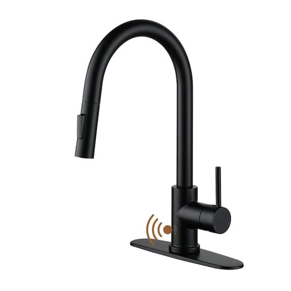 Boyel Living Single Handle Voice and Sensor Pull Down Sprayer Kitchen Faucet Touchless Faucet with Deckplate and Drain in Matte Black